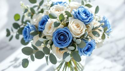 The primary subject of the image is a bouquet of blue and white flowers, which are arranged in a vase. The setting is a white background, which provides a clean and minimalist look to the scene. The visual style is a close-up of the flowers, showcasing their details and colors. The dominant colors in the image are blue and white, creating a calm and serene atmosphere.