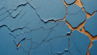 The primary subject of the image is a blue wall with a cracked and chipped appearance. The setting is a room with a wooden surface visible in the background. The visual style is a close-up of the blue wall, showcasing its damaged texture. The dominant colors are blue and brown, creating a mood of wear and tear.