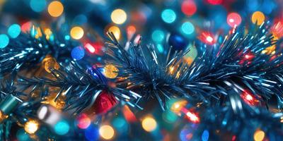 The primary subject of the image is a close-up of a blue and white Christmas tree with a multitude of colorful lights. The tree is adorned with various ornaments, creating a festive and joyful atmosphere. The setting is a room with a blue background, which adds to the overall holiday theme. The visual style is a combination of a photo and digital art, creating a vibrant and lively scene. The colors and mood of the image are predominantly blue and white, with the addition of the