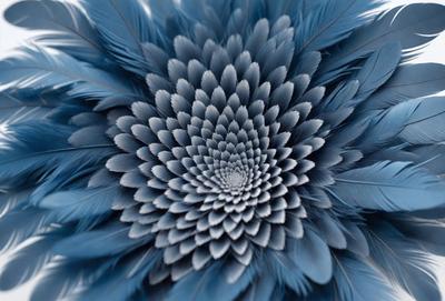 The primary subject of the image is a blue and white feather pattern. The setting is a blue background, which creates a striking contrast with the white and blue feather pattern. The visual style is a close-up of the feather pattern, showcasing its intricate details. The colors and mood of the image are predominantly blue and white, giving it a clean and elegant appearance.