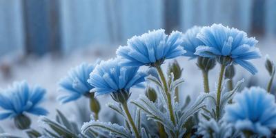 The primary subject of the image is a group of blue flowers with frost on them, sitting in a snowy environment. The setting includes a blue sky and a snow-covered ground. The visual style of the image is a photo, capturing the beauty of the frosty flowers in their natural habitat. The dominant colors in the image are blue and white, creating a serene and cold atmosphere.