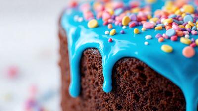 The primary subject of the image is a cake with a blue frosting. The cake is placed on a table, and the frosting appears to be dripping off the side of the cake. The setting is a kitchen, and the visual style is a photo. The dominant colors in the image are blue and brown, creating a warm and inviting atmosphere.
