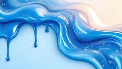 The primary subject of the image is a blue liquid, possibly a paint or a water-based substance, with a golden or yellowish tint. The setting is a white surface, which provides a clean and contrasting background for the liquid. The visual style appears to be a combination of a photo and digital art, as the blue liquid has a slightly blurred appearance, giving it a more artistic and textured look. The dominant colors in the image are blue and yellow, creating a vibrant and lively atmosphere.