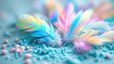 The primary subject of the image is a close-up of a colorful bird feather. The feather is blue, pink, and white, and it is placed on a blue surface. The setting appears to be a natural environment, possibly a beach or a forest. The visual style of the image is a close-up of the feather, emphasizing its vibrant colors and intricate patterns. The overall atmosphere of the image is serene and peaceful, with the bird feather as the focal point.