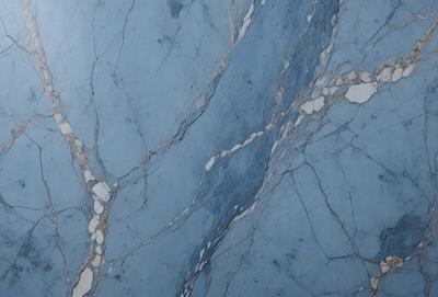 The primary subject of the image is a blue marble wall with a pattern of white and blue swirls. The setting is a room with a blue marble floor, and the visual style is a close-up of the marble wall. The colors and mood of the image are predominantly blue, creating a calm and serene atmosphere.