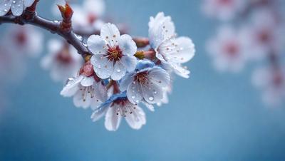 The primary subject of the image is a tree filled with white flowers. The tree is located in a blue sky, creating a serene and peaceful atmosphere. The visual style of the image is a photo, capturing the beauty of the flowers and the sky. The colors and mood of the image are predominantly blue, with the white flowers adding a touch of purity and elegance to the scene.