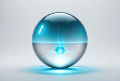 The primary subject of the image is a large, blue, glass-like ball. The setting is a white background, which provides a clean and minimalist appearance. The visual style is a digital art or illustration, as the ball appears to be a 3D model or a computer-generated image. The colors and mood of the image are predominantly blue, creating a sense of calmness and tranquility.