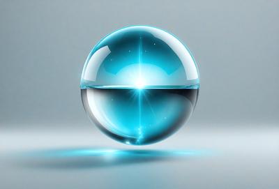 The primary subject of the image is a large, blue, glass-like sphere. The setting is a white background, which provides a clean and minimalist appearance. The visual style is a combination of photo and digital art, creating a unique and eye-catching image. The colors and mood are predominantly blue, giving the scene a calm and serene atmosphere.