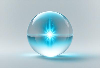 The primary subject of the image is a blue, light-filled sphere. The setting is a white background, which provides a clean and minimalist appearance. The visual style is a digital art, as the sphere is depicted with a bright, glowing light. The colors and mood of the image are predominantly blue, creating a sense of calmness and tranquility.