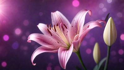 The primary subject of the image is a large, pink flower with purple polka dots. The flower is the main focus of the image, and it is set against a purple background. The visual style of the image is a close-up of the flower, showcasing its details and beauty. The colors and mood of the image are predominantly pink and purple, creating a sense of elegance and sophistication.