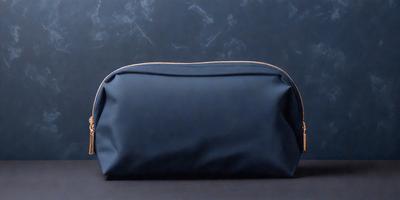 The primary subject of the image is a blue bag, which is placed on a table. The setting is a room with a blue wall, and the visual style is a photo. The colors in the image are predominantly blue, creating a calm and serene atmosphere.