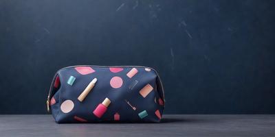 The primary subject of the image is a colorful makeup bag with a polka dot pattern. The bag is placed on a table, and the setting is a dark background. The visual style of the image is a combination of photo and digital art, creating a vibrant and eye-catching design. The colors and mood of the image are predominantly pink and blue, giving it a cheerful and feminine appearance.