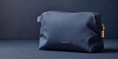 The primary subject of the image is a blue leather purse. The purse is placed on a table, which serves as the setting or background. The visual style of the image is a photo, capturing the purse in detail. The colors and mood of the image are predominantly blue, giving it a calm and serene atmosphere.