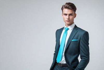The primary subject of the image is a man wearing a suit and tie. He is standing in front of a white background, which creates a clean and minimalist visual style. The man is dressed in a green suit and a blue tie, giving the image a professional and sophisticated appearance. The overall atmosphere is polished and well-groomed, reflecting the man's attire and demeanor.