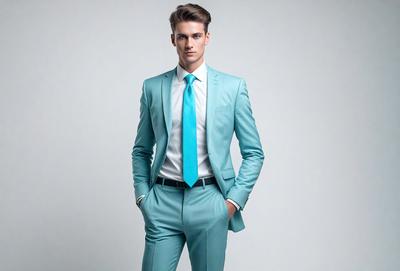 The primary subject of the image is a man wearing a blue suit and a blue tie. He is standing in front of a white background, which creates a clean and minimalist visual style. The man appears to be well-dressed and confident, with his hands in his pockets. The overall atmosphere of the image is professional and sophisticated.