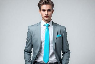The primary subject of the image is a young man wearing a suit and tie. He is standing in front of a white background, which creates a clean and minimalist visual style. The man is dressed in a grey suit and a blue tie, giving the image a professional and sophisticated appearance. The overall atmosphere is one of confidence and elegance.