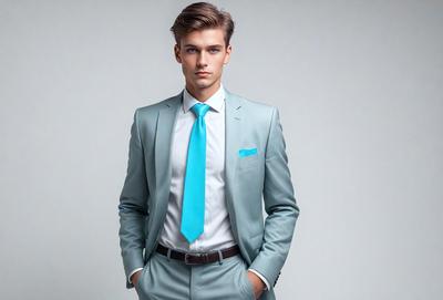 The primary subject of the image is a young man wearing a suit and tie. He is standing in front of a white background, which creates a clean and minimalist visual style. The man is dressed in a grey suit and a blue tie, giving the image a professional and sophisticated appearance. The overall atmosphere of the image is polished and well-groomed, reflecting the man's attire and demeanor.