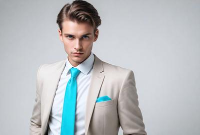 The primary subject of the image is a man wearing a suit and tie. He is standing in front of a white background, which creates a clean and minimalist visual style. The man is dressed in a tan suit and a blue tie, giving the image a professional and sophisticated appearance. The overall atmosphere of the image is polished and well-groomed, reflecting the man's attire and demeanor.
