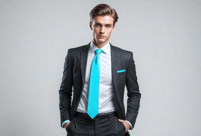 The primary subject of the image is a young man wearing a suit and tie. He is standing in front of a white background, which creates a clean and minimalist visual style. The man is dressed in a black suit and a blue tie, giving him a professional and polished appearance. The overall atmosphere of the image is sophisticated and well-dressed.