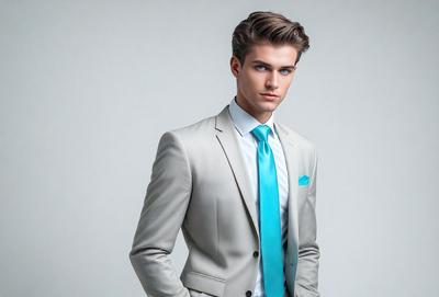 The primary subject of the image is a young man wearing a suit and tie. He is standing in front of a white background, which creates a clean and minimalist visual style. The man is dressed in a grey suit and a blue tie, giving the image a professional and sophisticated appearance. The overall atmosphere of the image is polished and well-groomed, reflecting the man's attire and demeanor.