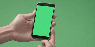 The image features a person holding a cell phone with a green screen. The person's hand is visible, and the cell phone is positioned in the foreground. The green screen of the phone creates a vibrant and lively atmosphere in the scene.