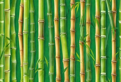 The primary subject of the image is a close-up of a green bamboo plant with many thin stems. The setting is a green background, which creates a natural and serene atmosphere. The visual style is a painting, which adds a sense of artistic expression and detail to the scene. The colors are predominantly green, which is the color of the bamboo plant, and the mood is calm and peaceful.