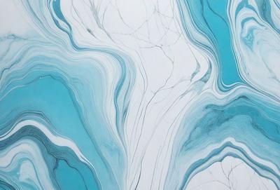 The primary subject of the image is a blue and white marbled wall. The setting is a room with a white background. The visual style is a combination of a photo and digital art, creating a unique and artistic representation of the marbled wall. The dominant colors are blue and white, giving the image a calming and serene atmosphere.