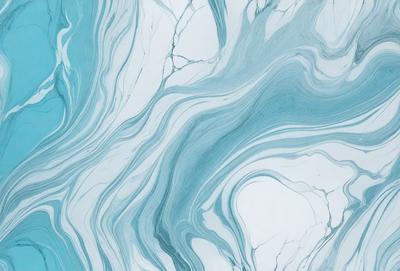 The primary subject of the image is a blue and white marbled wall. The setting is a room with a white surface, and the visual style appears to be a combination of a photo and digital art. The dominant colors are blue and white, creating a calm and soothing atmosphere.