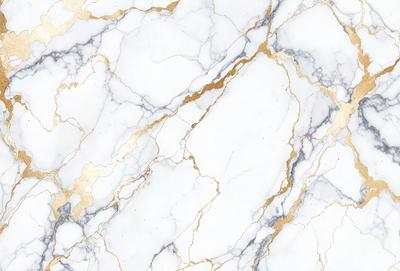 The primary subject of the image is a marble wall with a gold and white color scheme. The setting is a room with a white marble floor, and the visual style is a close-up of the marble wall. The colors and mood of the image are elegant and sophisticated, with the gold and white accents creating a luxurious and refined atmosphere.