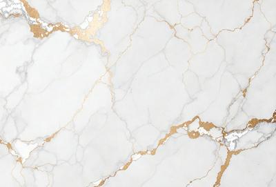 The primary subject of the image is a marble surface with a gold-colored pattern. The setting is a white marble wall, and the visual style is a close-up of the marble surface. The colors and mood of the image are predominantly white and gold, creating a luxurious and elegant atmosphere.