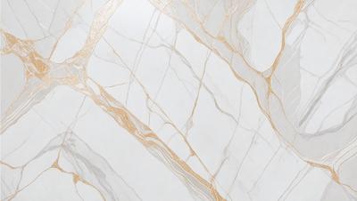 The primary subject of the image is a marble tile with a gold-colored pattern. The setting is a white marble wall, which serves as the background. The visual style is a close-up of the marble tile, showcasing its intricate design. The colors and mood of the image are predominantly white and gold, giving it a luxurious and elegant appearance.