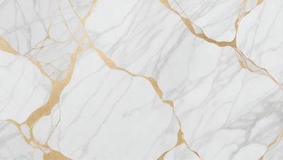The primary subject of the image is a marble wall with gold accents. The setting is a room with a white marble wall, and the visual style is a close-up of the wall. The colors and mood of the image are predominantly white and gold, creating a luxurious and elegant atmosphere.