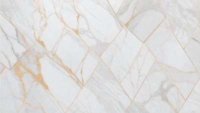 The primary subject of the image is a white marble tile with a gold border. The setting is a bathroom, and the visual style is a close-up of the tile. The dominant colors are white and gold, creating a clean and elegant atmosphere.