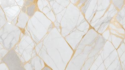 The primary subject of the image is a marble tile with a gold pattern. The setting is a white marble wall, and the visual style is a close-up of the tile. The colors and mood of the image are predominantly white and gold, creating a luxurious and elegant atmosphere.