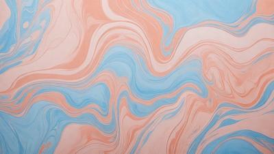 The primary subject of the image is a painting featuring a blue and pink swirl pattern. The setting is a wall, and the visual style appears to be a digital art or illustration. The dominant colors in the painting are blue and pink, creating a vibrant and lively atmosphere.