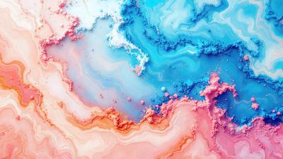 The primary subject of the image is a colorful, abstract art piece featuring a mix of pink, blue, and orange colors. The setting is a blue and pink background, which adds to the vibrant atmosphere of the artwork. The visual style appears to be a combination of digital art and illustration, creating a unique and eye-catching piece. The colors and mood of the artwork are lively and energetic, making it an engaging and captivating piece of art.