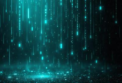 The primary subject of the image is a blue and green digital artwork featuring a pattern of blue and green lines. The setting is a dark background, which contrasts with the bright colors of the lines. The visual style is digital art, and the colors and mood convey a sense of depth and complexity.