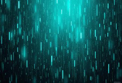The primary subject of the image is a blue and green background with a pattern of rain drops. The setting is a dark, moody environment, and the visual style is a digital art or illustration. The dominant colors are blue and green, creating a calming and serene atmosphere.