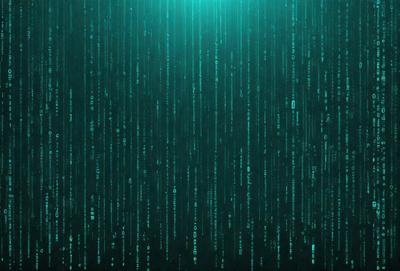 The primary subject of the image is a close-up of a computer screen displaying a pattern of blue and green lines. The setting is a computer screen, and the visual style is digital art. The dominant colors are blue and green, creating a calm and soothing atmosphere.