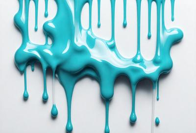 The primary subject of the image is a blue liquid, possibly a paint or a dye, dripping or flowing down a white surface. The setting appears to be a white wall or table, and the visual style is a close-up of the dripping liquid. The colors and mood of the image are predominantly blue and cool, creating a sense of movement and flow.