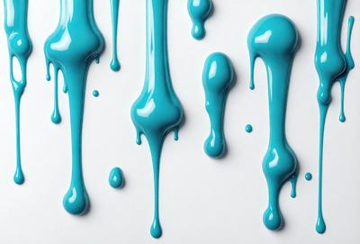 The primary subject of the image is a series of blue drips or blobs of paint on a white surface. The drips are arranged in a pattern, creating an artistic and visually appealing scene. The setting is a white background, which provides a clean and uncluttered environment for the drips to stand out. The visual style of the image is a combination of digital art and illustration, as the drips are carefully arranged and the overall composition is well-executed. The colors and mood of the image are