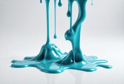 The primary subject of the image is a blue substance, possibly a liquid or a frosting, that is dripping or flowing down a white surface. The setting appears to be a white background, which contrasts with the blue substance. The visual style of the image is a close-up of the dripping substance, showcasing its texture and movement. The colors and mood of the image are predominantly blue and white, creating a sense of calmness and tranquility.