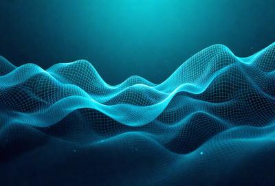 The primary subject of the image is a blue wave pattern, which is the main object, scene, or focus of the image. The setting or background is a dark blue surface, which adds to the overall atmosphere. The visual style of the image is digital art, as it is a computer-generated pattern. The dominant colors in the image are blue and black, creating a calm and serene mood.