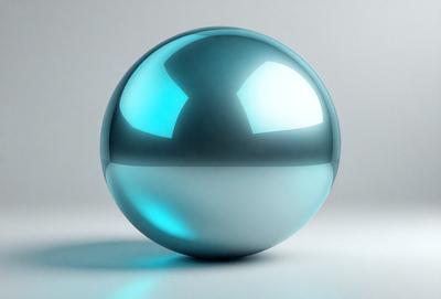 The primary subject of the image is a large, blue, round ball. The setting is a white background, which provides a clean and minimalist appearance. The visual style is a digital art, as the ball appears to be a 3D model or a computer-generated image. The colors and mood of the image are predominantly blue, giving it a calm and serene atmosphere.