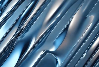 The primary subject of the image is a close-up of a silver metal surface, possibly a metal sheet or a metal sculpture. The setting is a dark background, which contrasts with the shiny metal surface. The visual style appears to be a combination of a photo and digital art, as the metal surface appears to be both real and manipulated. The colors and mood of the image are predominantly silver and dark, creating a sense of depth and contrast.