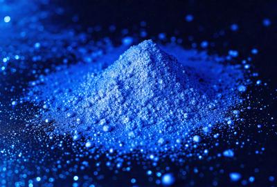 The primary subject of the image is a blue powder, which appears to be a fine, blue-colored substance. The setting is a dark blue background, which contrasts with the blue powder. The visual style of the image is a close-up of the blue powder, showcasing its texture and color. The overall atmosphere of the image is one of mystery and intrigue, as the blue powder is the main focus of the scene.