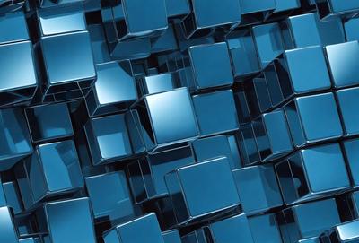 The primary subject of the image is a blue, three-dimensional grid made up of many small, square-shaped blocks. The setting is a blue background, and the visual style appears to be a digital art or illustration. The dominant colors are blue and silver, creating a calm and serene atmosphere.