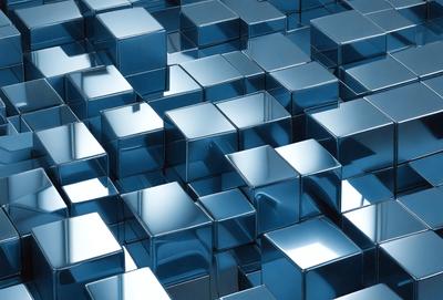 The primary subject of the image is a large, intricate, and colorful pattern made up of many small, square-shaped, reflective surfaces. The setting is a blue background, which contrasts with the reflective surfaces. The visual style is a combination of photo and digital art, creating a unique and eye-catching design. The colors and mood of the image are predominantly blue, with a sense of depth and complexity.