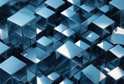 The primary subject of the image is a large, intricate pattern made up of many small, square-shaped blocks. The setting is a blue background, which creates a visually striking contrast with the silver blocks. The visual style is a combination of digital art and illustration, as the blocks are arranged in a complex and detailed manner. The colors and mood of the image are predominantly silver and blue, giving it a modern and sophisticated appearance.
