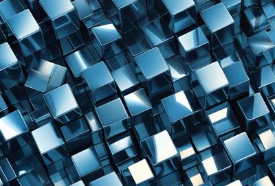 The primary subject of the image is a large, intricate pattern made up of many small, square-shaped blocks. The setting is a blue background, which adds to the visual style of the image. The overall atmosphere is one of complexity and artistic design.